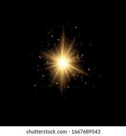 Set of bright Star. Yellow glowing light explodes on a transparent background. Transparent shining sun, bright flash. To center a bright flash. Sparkling magical dust particles. Vector sparkles.