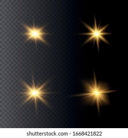 Conjunto de Estrella brillante. La luz amarilla resplandeciente estalla sobre un fondo transparente. Sol claro y brillante. Centrar un flash brillante. Partículas mágicas de polvo espumoso. El vector brilla.