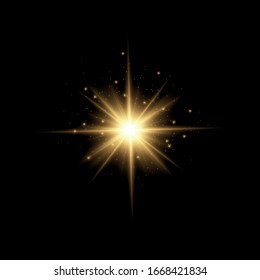 Set of bright Star. Yellow glowing light explodes on a transparent background. Transparent shining sun, bright flash. To center a bright flash. Sparkling magical dust particles. Vector sparkles.