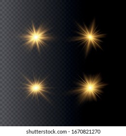 Conjunto de Estrella brillante. La luz amarilla resplandeciente estalla sobre un fondo transparente. Sol claro y brillante. Centrar un flash brillante. Partículas mágicas de polvo espumoso. El vector brilla.