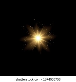 Set von hellem Star. Gelbes Licht explodiert auf transparentem Hintergrund. Transparente strahlende Sonne, heller Blitz. Um einen hellen Blitz zu zentrieren.funkelnde magische Staubpartikel. Vektorillustration funkelt.