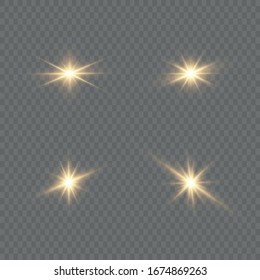 Conjunto de Estrella brillante. La luz amarilla resplandeciente estalla sobre un fondo transparente. Sol claro y brillante. Centrar un flash brillante. Partículas mágicas de polvo espumoso. El vector brilla.