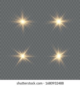 Set of bright Star. Yellow glowing light explodes on a transparent background. Transparent shining sun, bright flash. To center a bright flash. Sparkling magical dust particles. Vector sparkles.