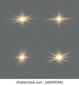 Set von hellem Star. Gelbes Licht explodiert auf transparentem Hintergrund. Transparente strahlende Sonne, heller Blitz. Um einen hellen Blitz zu zentrieren.funkelnde magische Staubpartikel. Vektorillustration funkelt.