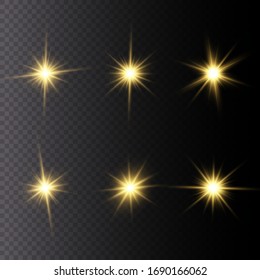 Set of bright Star. Yellow glowing light explodes on a transparent background. Transparent shining sun, bright flash. To center a bright flash. Sparkling magical dust particles. Vector sparkles.