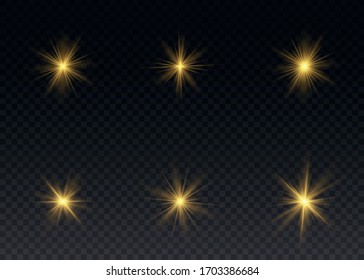Set of bright Star. Yellow glowing light explodes on a transparent background. Transparent shining sun, bright flash. To center a bright flash. Sparkling magical dust particles. Vector sparkles.
