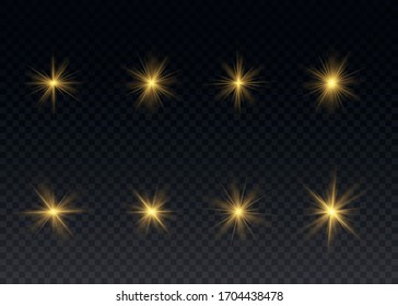 Set of bright Star. Yellow glowing light explodes on a transparent background. Transparent shining sun, bright flash. To center a bright flash. Sparkling magical dust particles. Vector sparkles.