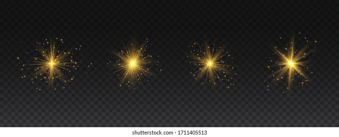 Set of bright Star. Yellow glowing light explodes on a transparent background. Transparent shining sun, bright flash. To center a bright flash. Sparkling magical dust particles. Vector sparkles.