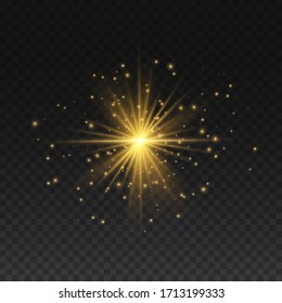 Set of bright Star. Yellow glowing light explodes on a transparent background. Transparent shining sun, bright flash. To center a bright flash. Sparkling magical dust particles. Vector sparkles.