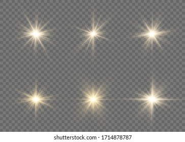 Set of bright Star. Yellow glowing light explodes on a transparent background. Transparent shining sun, bright flash. To center a bright flash. Sparkling magical dust particles. Vector sparkles.