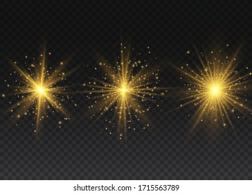 Set of bright Star. Yellow glowing light explodes on a transparent background. Transparent shining sun, bright flash. To center a bright flash. Sparkling magical dust particles. Vector sparkles.