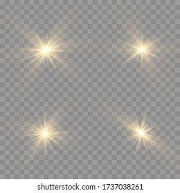 Set of bright Star. Yellow glowing light explodes on a transparent background. Transparent shining sun, bright flash. To center a bright flash. Sparkling magical dust particles. Vector sparkles.