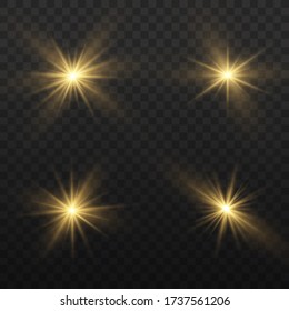 Set of bright Star. Yellow glowing light explodes on a transparent background. Transparent shining sun, bright flash. To center a bright flash. Sparkling magical dust particles. Vector sparkles.