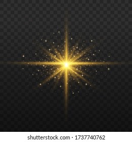Set of bright Star. Yellow glowing light explodes on a transparent background. Transparent shining sun, bright flash. To center a bright flash. Sparkling magical dust particles. Vector sparkles.