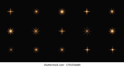 Set of bright Star. Yellow glowing light explodes on a transparent background. Transparent shining sun, bright flash. To center a bright flash. Sparkling magical dust particles. Vector sparkles.