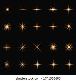 Set of bright Star. Yellow glowing light explodes on a transparent background. Transparent shining sun, bright flash. To center a bright flash. Sparkling magical dust particles. Vector sparkles.