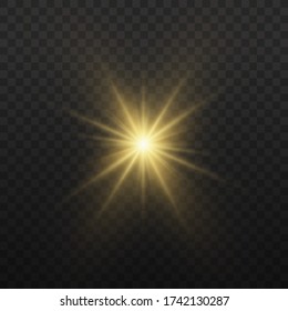 Set of bright Star. Yellow glowing light explodes on a transparent background. Transparent shining sun, bright flash. To center a bright flash. Sparkling magical dust particles. Vector sparkles.
