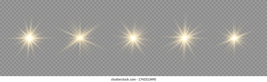 Set of bright Star. Yellow glowing light explodes on a transparent background. Transparent shining sun, bright flash. To center a bright flash. Sparkling magical dust particles. Vector sparkles.