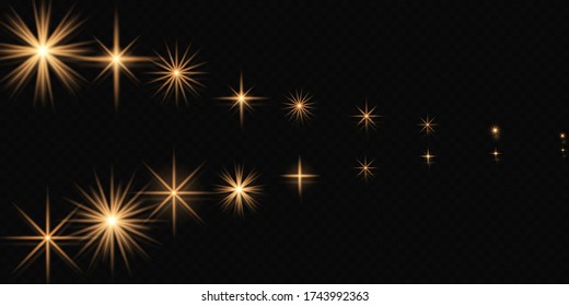 Set of bright Star. Yellow glowing light explodes on a transparent background. Transparent shining sun, bright flash. To center a bright flash. Sparkling magical dust particles. Vector sparkles.