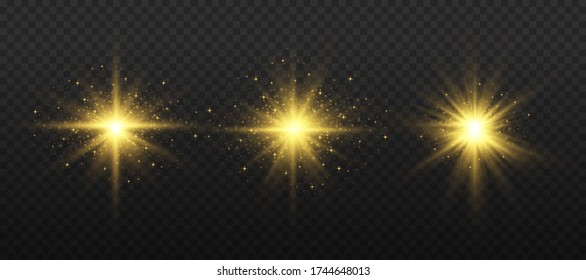 Set of bright Star. Yellow glowing light explodes on a transparent background. Transparent shining sun, bright flash. To center a bright flash. Sparkling magical dust particles. Vector sparkles.