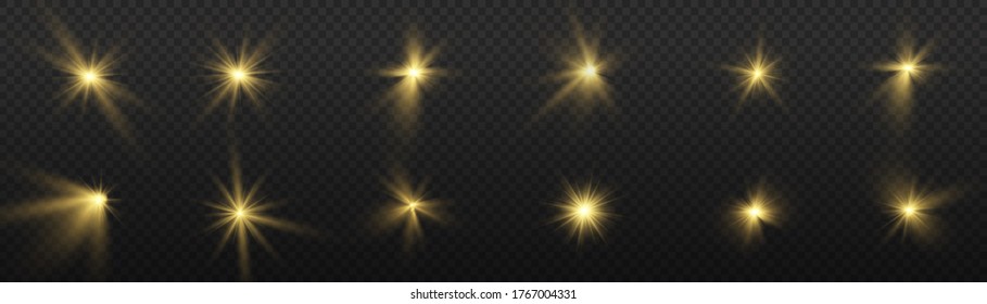 Set of bright Star. Yellow glowing light explodes on a transparent background. Transparent shining sun, bright flash. To center a bright flash. Sparkling magical dust particles. Vector sparkles.