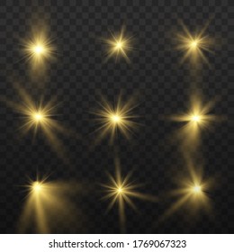 Set of bright Star. Yellow glowing light explodes on a transparent background. Transparent shining sun, bright flash. To center a bright flash. Sparkling magical dust particles. Vector sparkles.