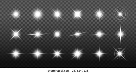 Set of bright starburst effects on transparent background. Starburst designs vary in intensity and shape. Perfect for digital design and graphic projects. Overlay effect vector element set.