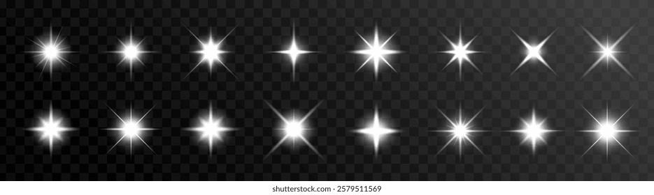 Set of bright starburst effects on transparent background. Starburst design for light effects. Starburst elements for graphic design projects. Light effect vector set.