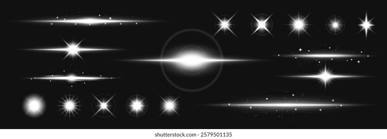 Set of bright starburst and lens flare effects on a dark background. Includes various starburst shapes and lens flares, perfect for design projects. Light effect vector set.