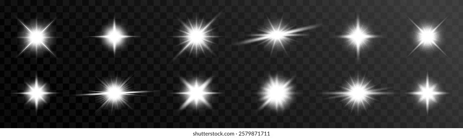 Set of bright starbursts on a transparent background. Starbursts shine with light, creating a sparkling effect. Perfect for adding sparkle and shine to designs. Light effect vector set.
