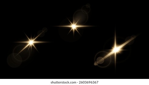 Set of bright stars, with a flare of sunshine and rays, star bursting with light, yellow glowing light on a transparent background, golden light effect, yellow sun rays, all vector illustration. PNG