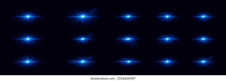 Set of bright stars and flares. The light effect of a bright star and explosion, a magical glare of light.