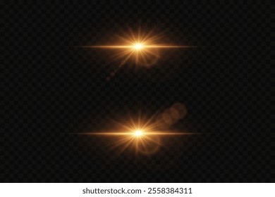 Set of bright stars and flares. The light effect of a bright star and explosion, a magical glare of light.