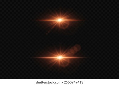 Set of bright stars and flares. The light effect of a bright star and explosion, a magical glare of light.