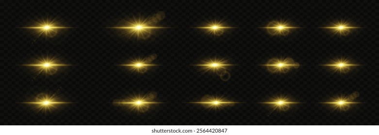 Set of bright stars and flares. The light effect of a bright star and explosion, a magical glare of light.