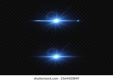 Set of bright stars and flares. The light effect of a bright star and explosion, a magical glare of light.