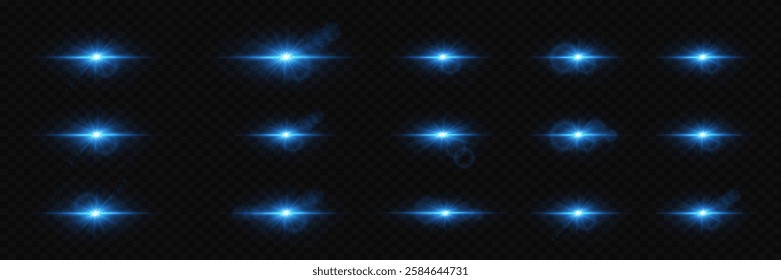 Set of bright stars and flares. The light effect of a bright star and explosion, a magical glare of light.