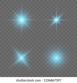 Set of bright stars, light effect, shine, burst, flare, lens, explosion, glitter, line. Vector blue sparkles on a transparent background. Christmas concept. Vector illustration.
