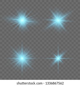 Set of bright stars, light effect, shine, burst, flare, lens, explosion, glitter, line. Vector blue sparkles on a transparent background. Christmas concept. Vector illustration.
