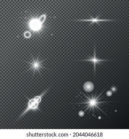 A set of bright stars. Light effects isolated on black transparent background. White highlights and highlights. Lens effect. Absolute glowing lights, stars, planets.