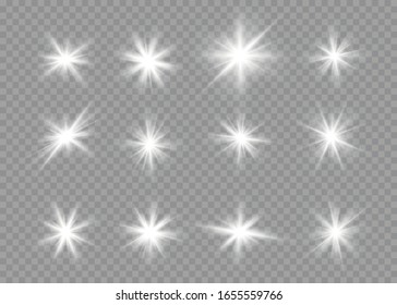 Set of bright stars on a transparent background. Glare, explosion, sparkle, line, sun flare. Set of white glowing stars with light burst. Sparkling magic dust particles. Vector illustration, EPS 10.