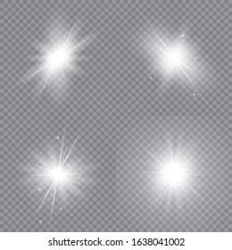 Set of bright stars. Sunlight translucent special design light effect on a transparent background. Vector illustration.