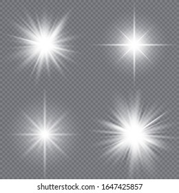 Conjunto de estrellas brillantes. Efecto luminoso de diseño especial iluminado con luz solar sobre fondo blanco. Ilustración vectorial.