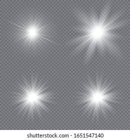 Conjunto de estrellas brillantes. Efecto luminoso de diseño especial iluminado con luz solar sobre un fondo transparente. Ilustración del vector