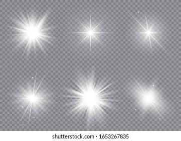 Conjunto de estrellas brillantes. Efecto luminoso de diseño especial translúcido. Ilustración vectorial.