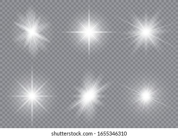 Set of bright stars. Sunlight translucent special design light effect. Vector illustration