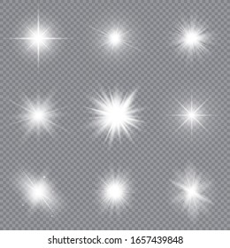 Set of bright stars. Sunlight translucent special design light effect. Vector illustration.