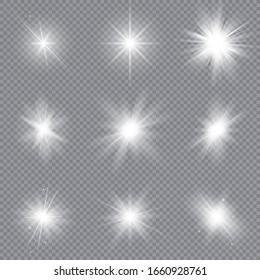 Set of bright stars. Sunlight translucent special design light effect. Vector illustration