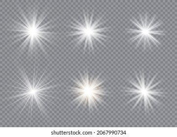 Set of bright stars. Sunlight translucent special design light effect. Vector illustration.