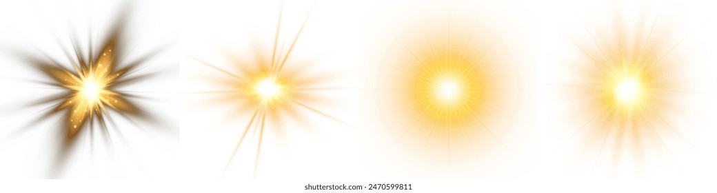 Conjunto de estrellas brillantes. Efecto de luz de diseño especial translúcido de luz solar sobre un fondo blanco. Ilustración vectorial